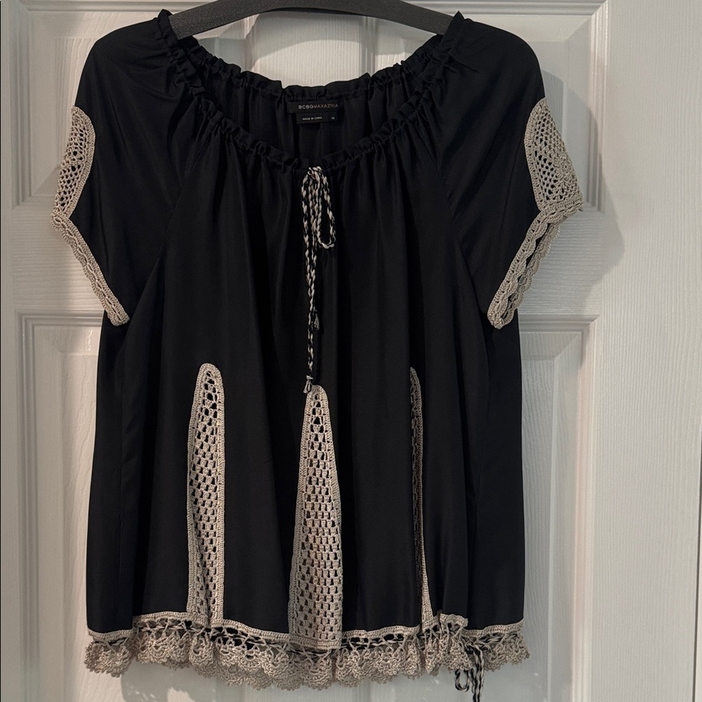 BCBG Black and Cream Crochet Accent Blouse